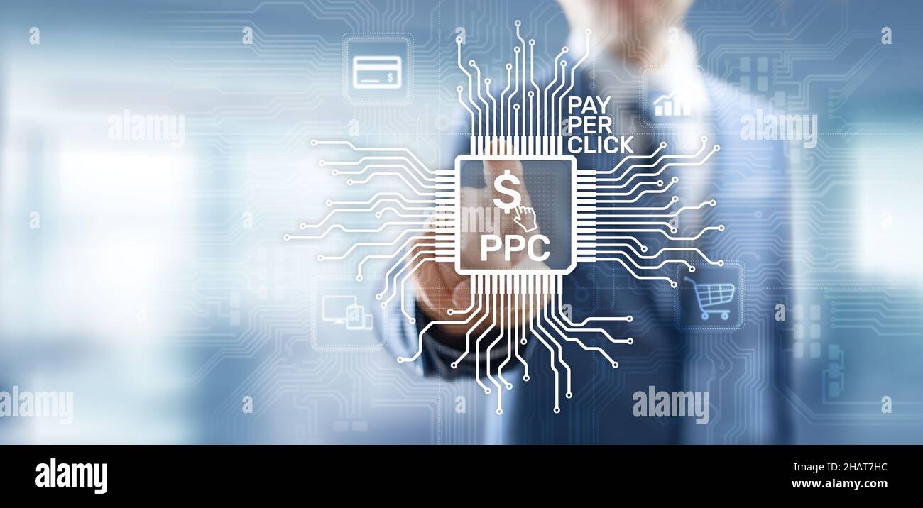 PPC Pay per Click Payment Technologie digitales Marketing Internet Business-Konzept auf virtuellem Bildschirm. Stockfoto