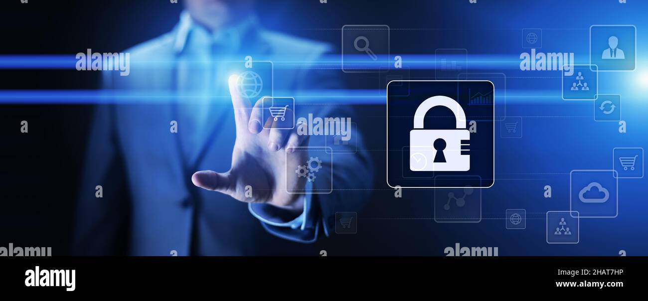 Cybersicherheit, Schutz personenbezogener Daten, Datenschutz. Vorhängeschloss-Symbol auf dem virtuellen Bildschirm. Internet- und Technologiekonzept. Stockfoto