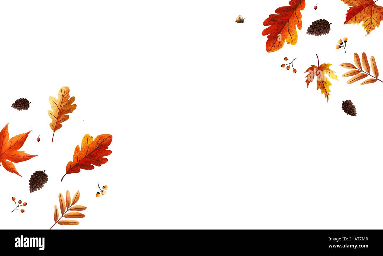 Herbst Hintergrundkomposition für Print-Design. Happy Thanksgiving Rahmen mit Kiefer und getrockneten Blättern Stockfoto
