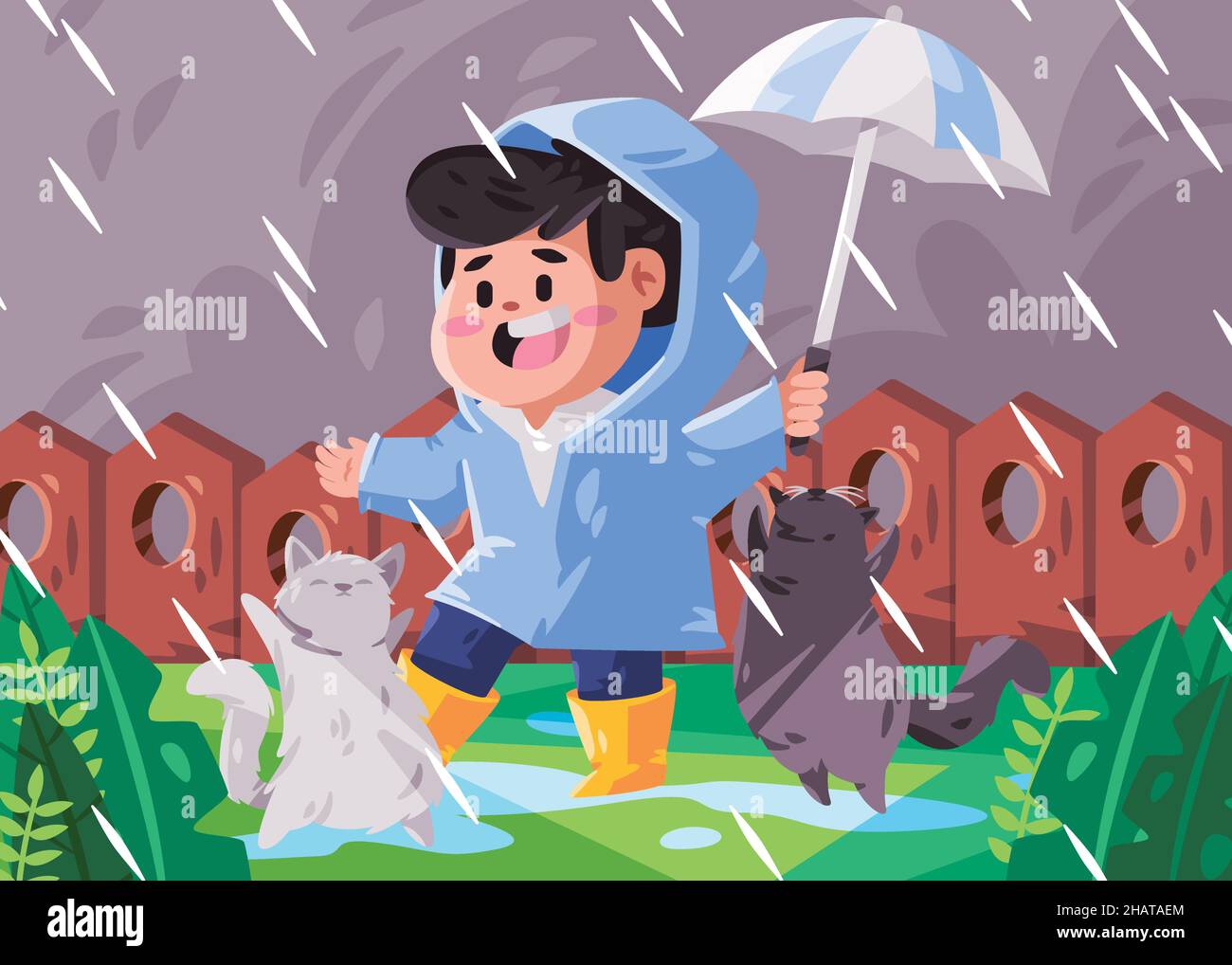 Junge Kinder Kinder mit blauem Mantel und gelben Stiefeln halten Regenschirm spielen regen mit Glück Cartoon flache Farbe isoliert Hintergrund Illustration Stock Vektor
