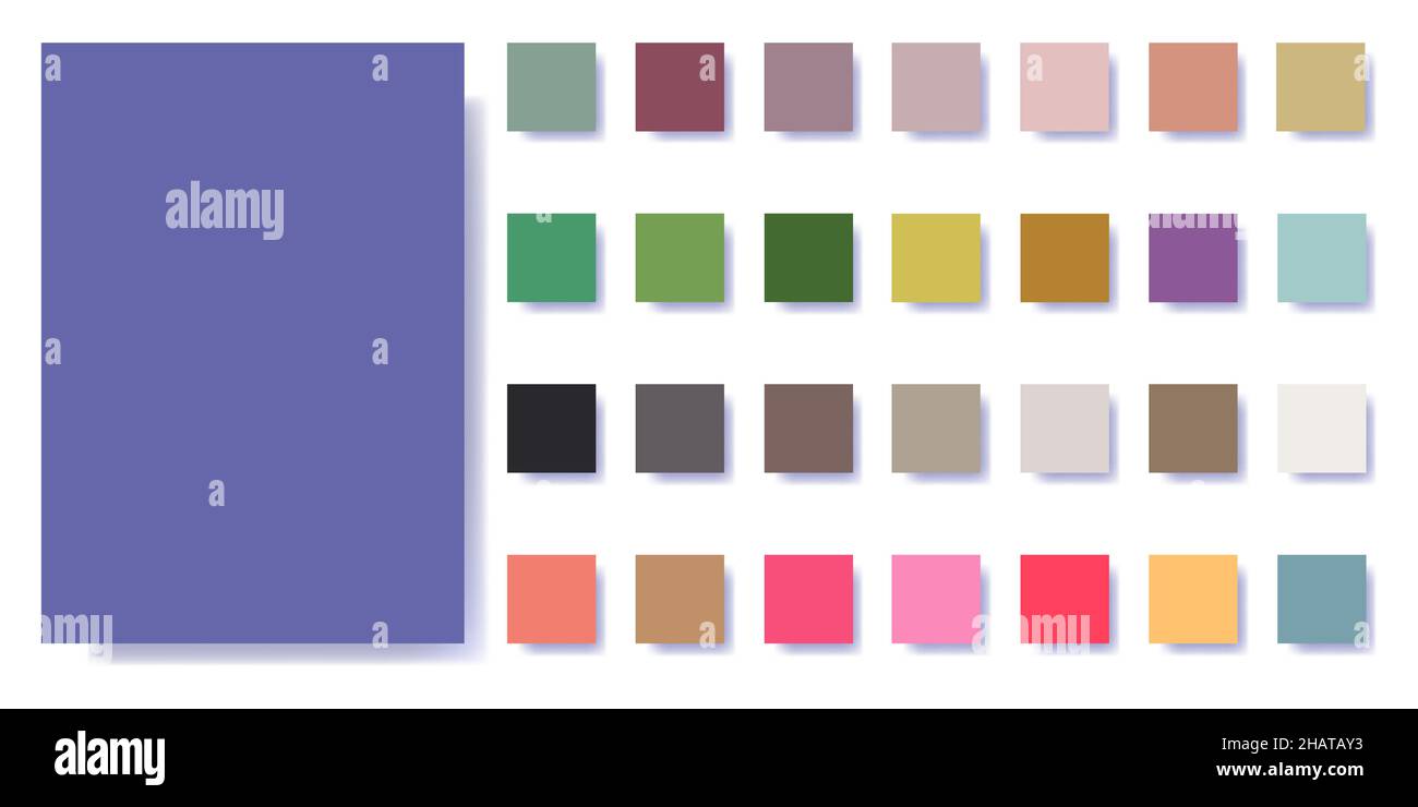 Paletten mit der Farbe 2022 sind sehr peri. Beispiel Farbführer Palette Katalog von Farbfeldern passende Farbtöne für Modetrends - Balancing, Healing Stock Vektor
