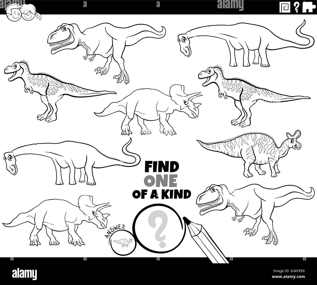 Schwarz-Weiß-Cartoon-Illustration der finden eines von einer Art Bild pädagogische Aufgabe mit Dinosauriern prähistorischen Tierfiguren Färbung Buchseite Stock Vektor