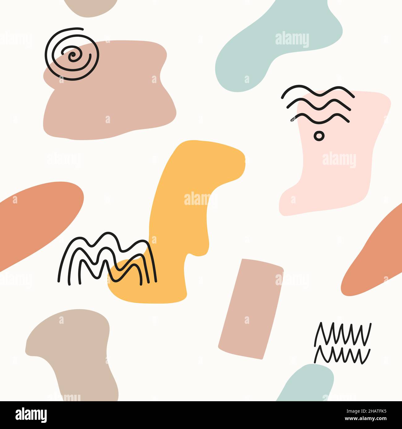 Abstraktes, modernes Nahtloses Muster. Handgezeichnet von verschiedenen abgerundeten Formen mit lineart-Wellen, Zickzack, Spiralen. Stock Vektor