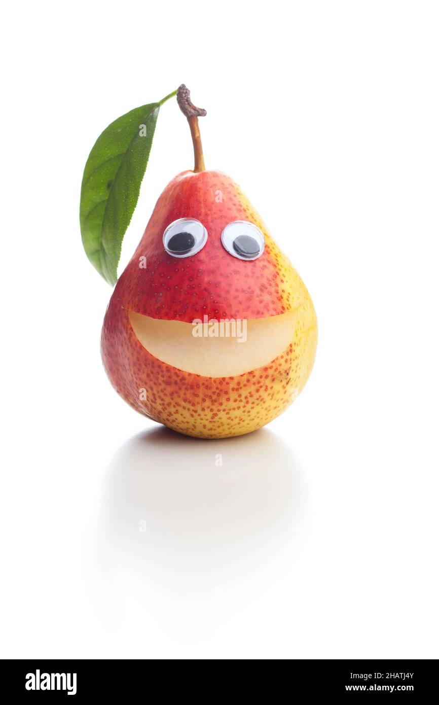 Birne, gelb, Stiel, Frucht, Stil, Rund, frisch, Hintergrund, Schatten, isoliert, Weiß, gerade, eins, allein, Natur, Rot, schön, Reflexion, Studio Stockfoto