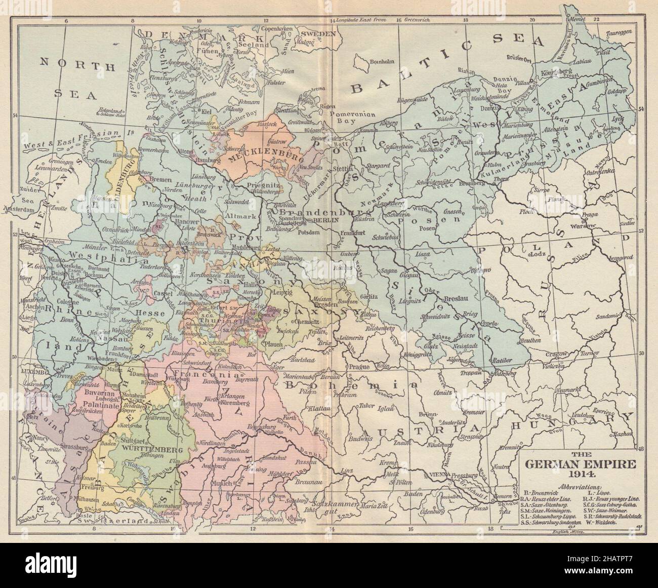 DEUTSCHES REICH. Preußen Bayern Sachsen Baden Württemberg 1914 alte antike Landkarte Stockfoto