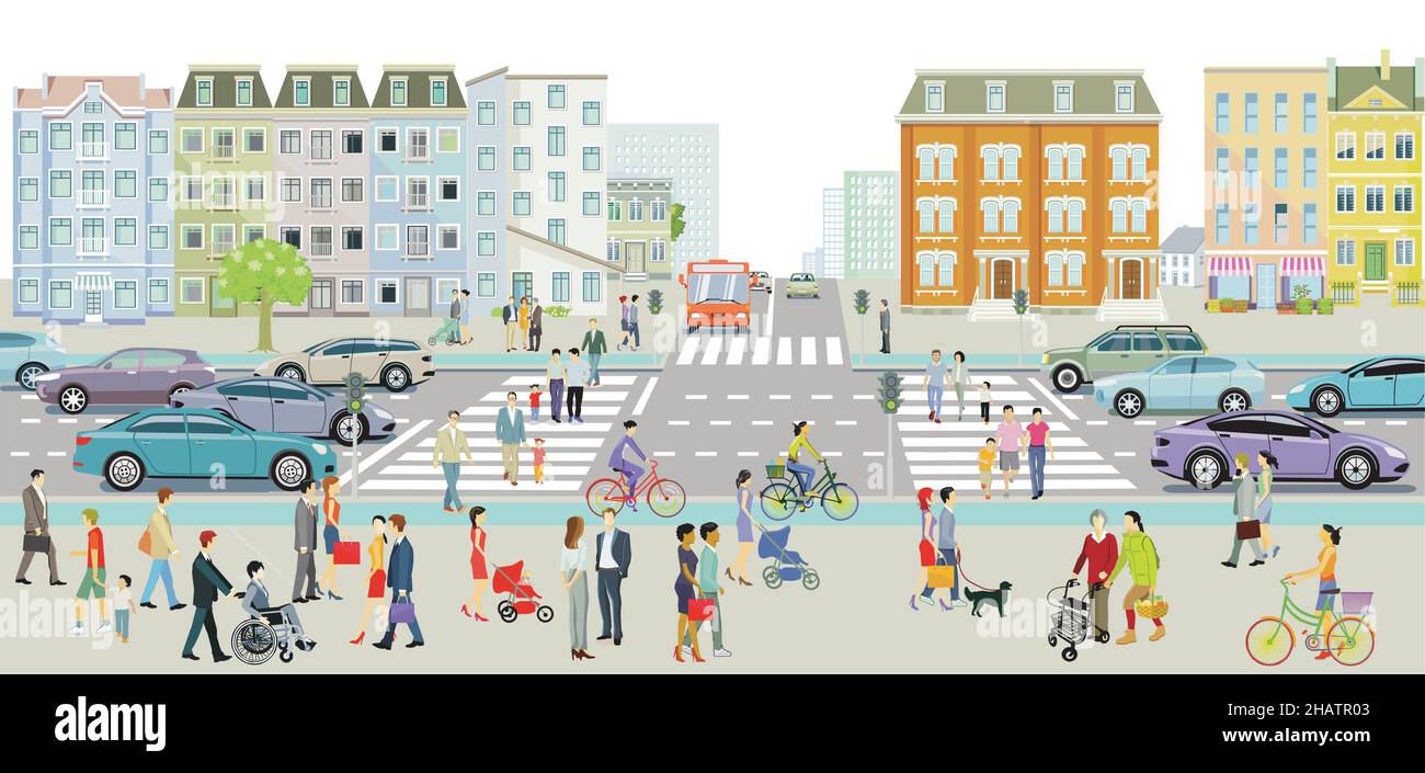 Urbanes Leben im Wohnviertel und Straßenverkehr, Fußgänger und Familien in der Freizeit, Illustration Stock Vektor