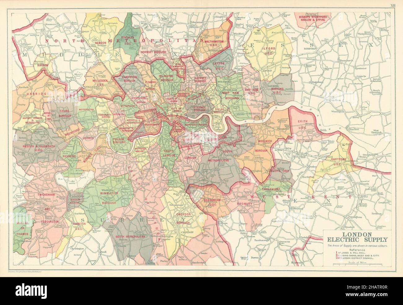 LONDONER ELEKTRIZITÄTSVERSORGUNGSGEBIETE. Unternehmen. Metropolregion. BACON 1923 alte Karte Stockfoto