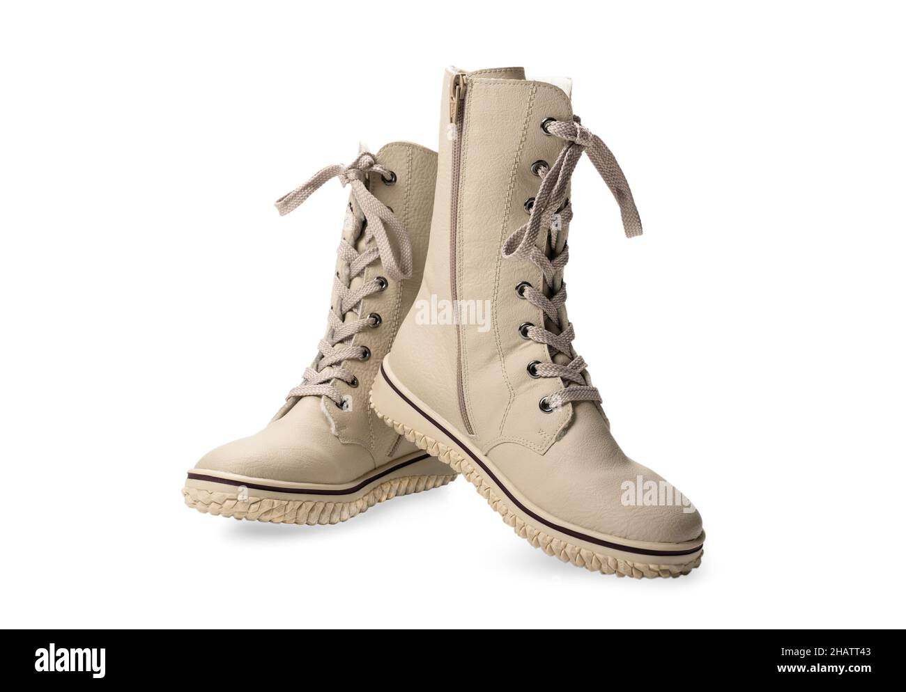 Stiefel mit hoher Schnürung. Beige Winterstiefel mit Schnürung. Isoliert  auf weißem Hintergrund. Bequeme Winterstiefel für Frauen. Seitenansicht  Stockfotografie - Alamy