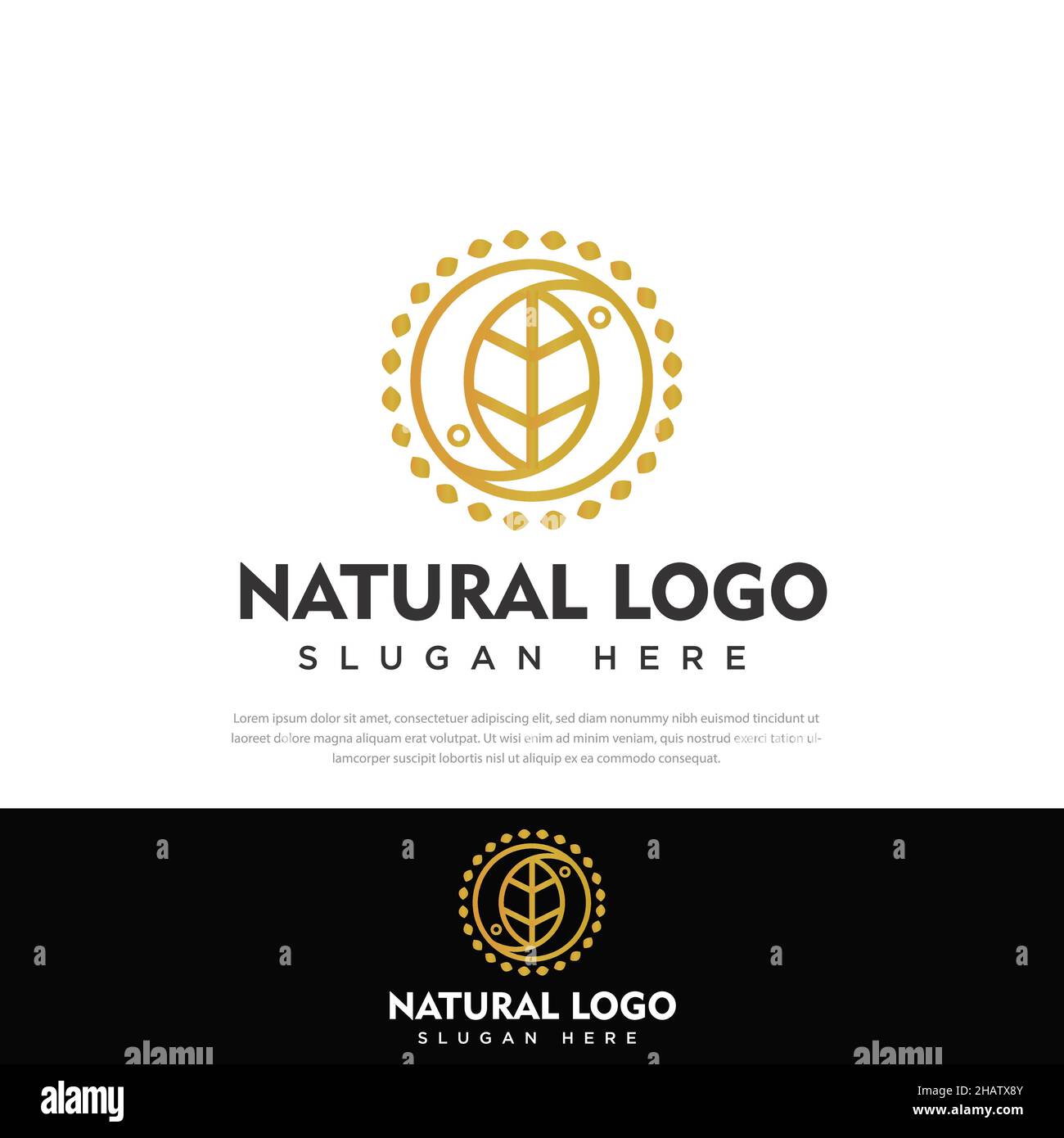 Natürliches Gold Yin und Yang Blatt Design-Logo. Design-Vorlage, Symbol, Symbol Stock Vektor