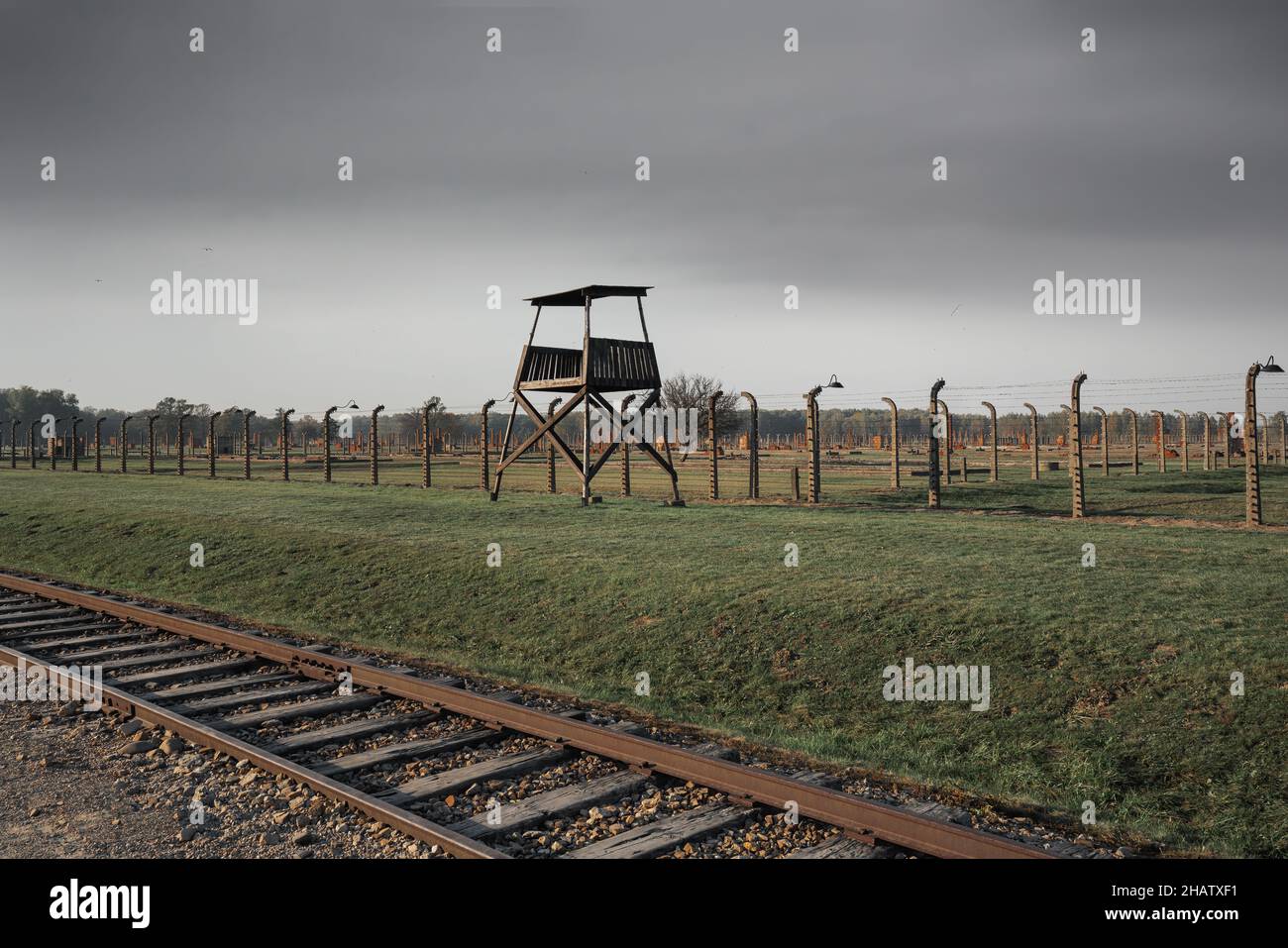 Wachturm in Auschwitz II - Birkenau, ehemaliges Nazi-Konzentrations- und Vernichtungslager - Polen Stockfoto