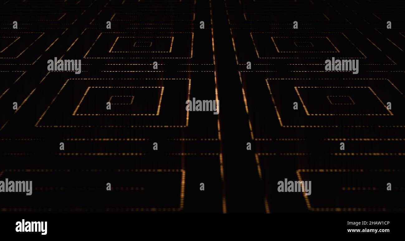 Abstrakter Hintergrund - konzentrische Quadrate aus goldenen Punkten. Futuristisches 3D Render Stockfoto