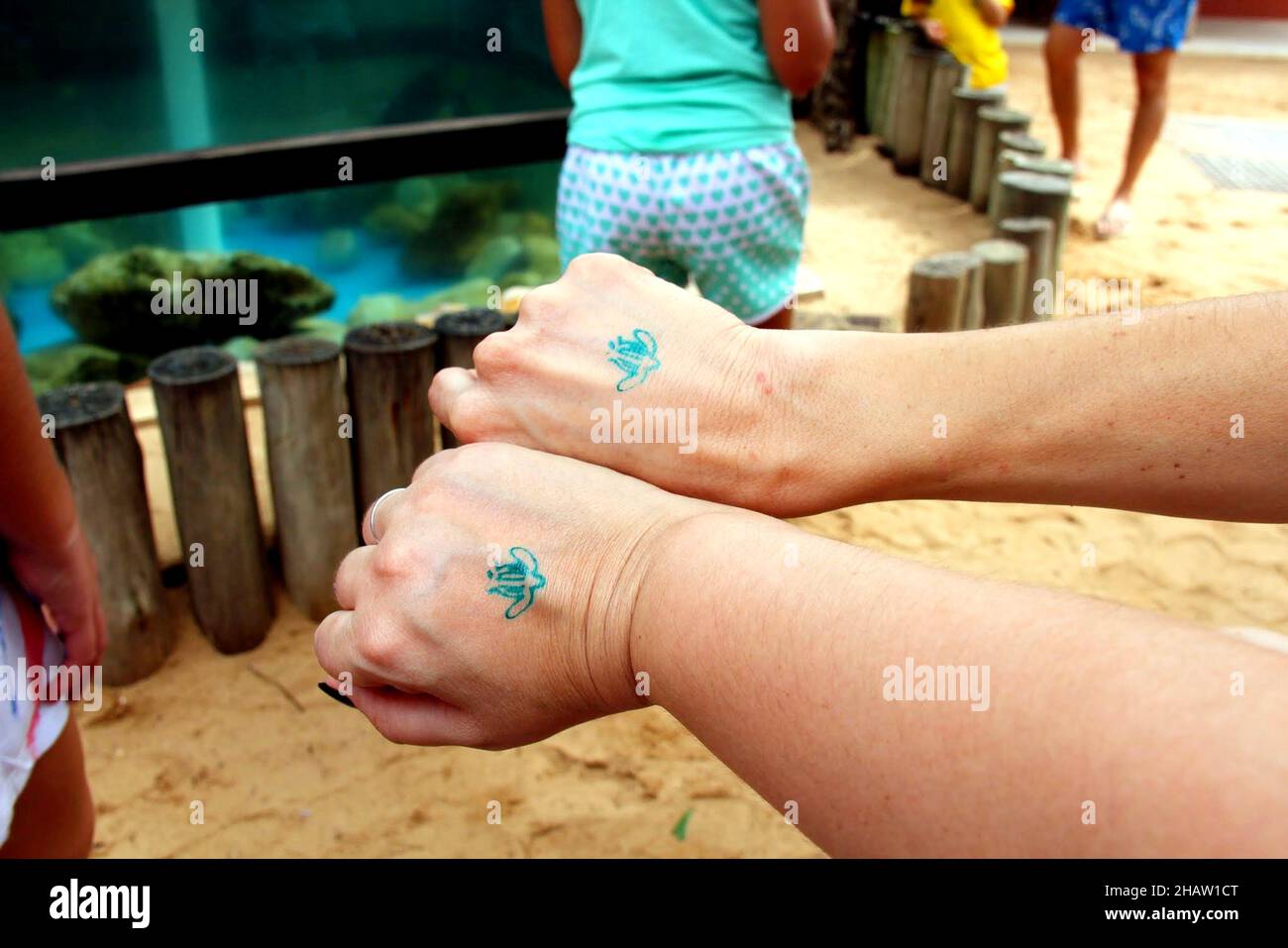 Tamar Project: Parkeingang, waschbares, ökologisches Tattoo auf der Rückseite zweier weiblicher Hände. Praia do Forte, Mata de São João - Bahia. Juli 2013. Stockfoto