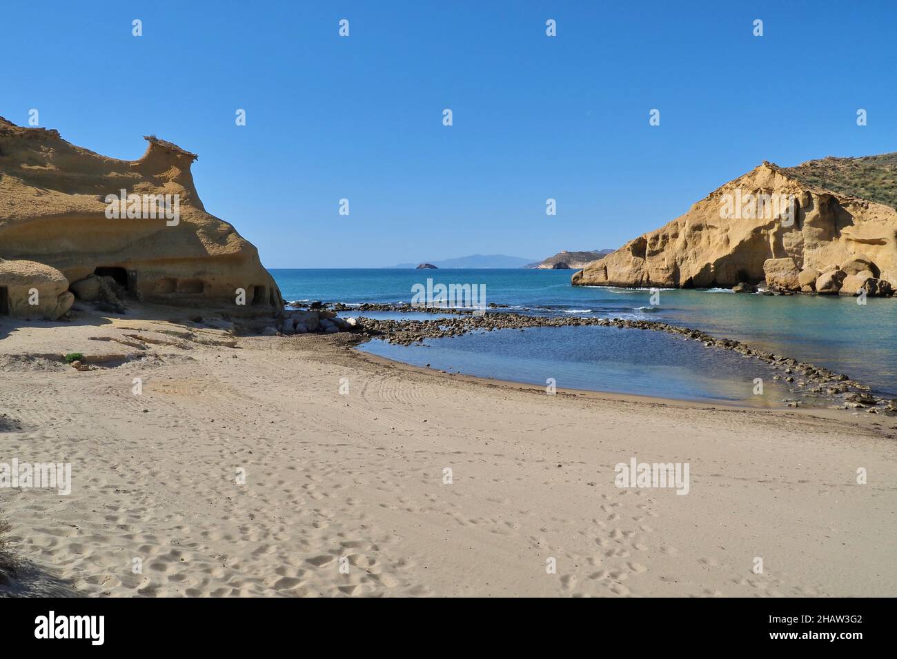 Einsame, verlassene Cocedores Badebucht im Winter, Winterurlaub, Murcia, Spanien Stockfoto