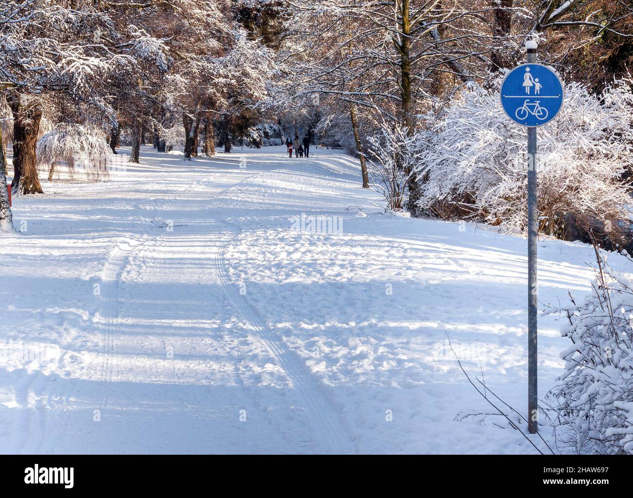 Radweg, Schild, winterverschneite Buergerpark in Pankow, Berlin, Deutschland Stockfoto