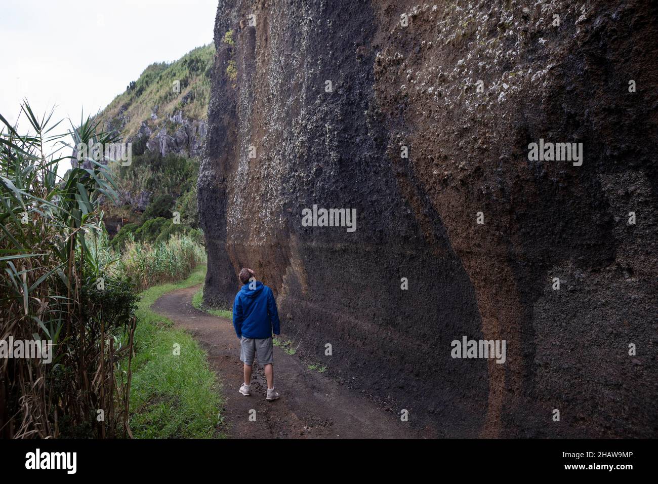 Wanderer auf dem Weg nach Rocha da Relva vorbei an erodierten Lavagesteinen, Rocha da Relva, Sao Miguel Island, Azoren, Portugal Stockfoto