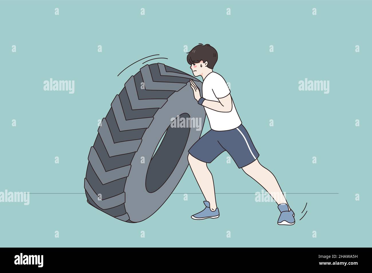 Der junge Sportler Push-Reifen macht Workout-Übungen im Fitnessstudio. Getönter starker Mann, der Sport trainiert und Reifen im Freien verwendet. CrossFit und Gewichtheben. Gesundes Lifestyle-Konzept. Flache Vektorgrafik. Stock Vektor