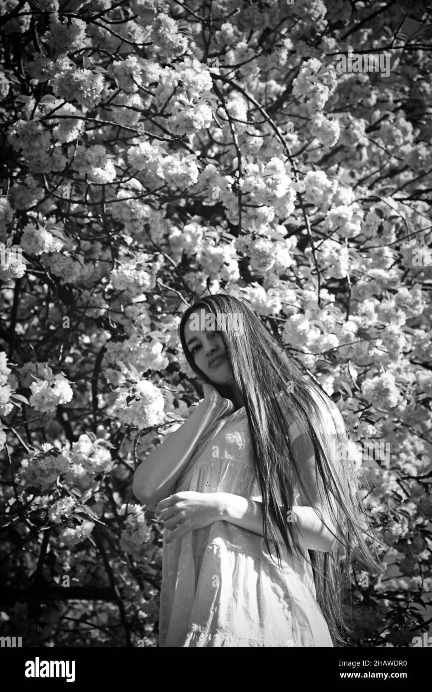 Schöne junge Frau, die Spaß hat, im Sakura-Blütenbaum zu stehen, Frühlingsgartenstimmung. Stockfoto