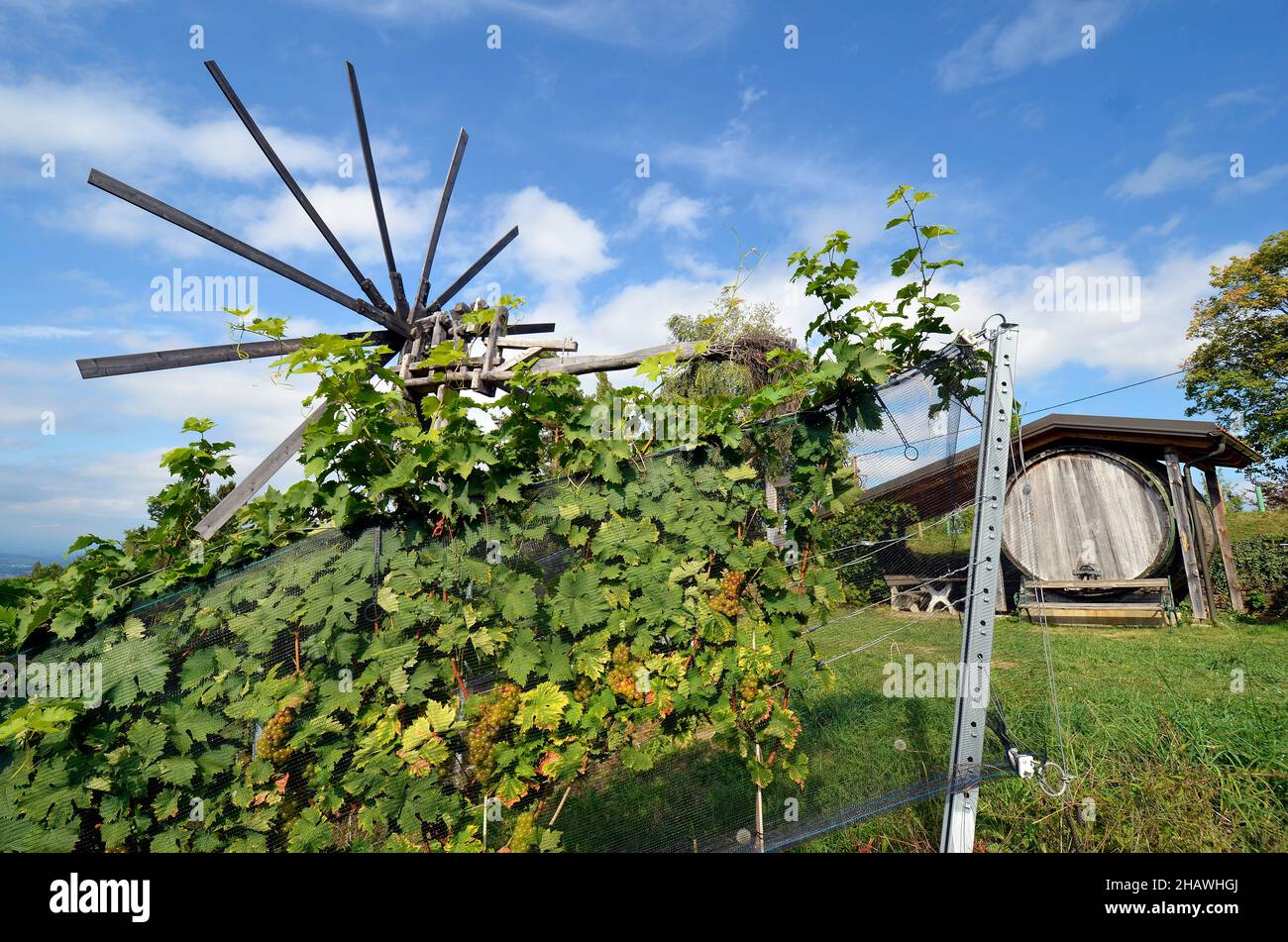 Kitzeck im Sausal, Österreich - 19. September 2021: Das weltgrößte Klapotetz- und Großweinfass, gelegen am Demmerkogel in der Südsteiermark, Kla Stockfoto