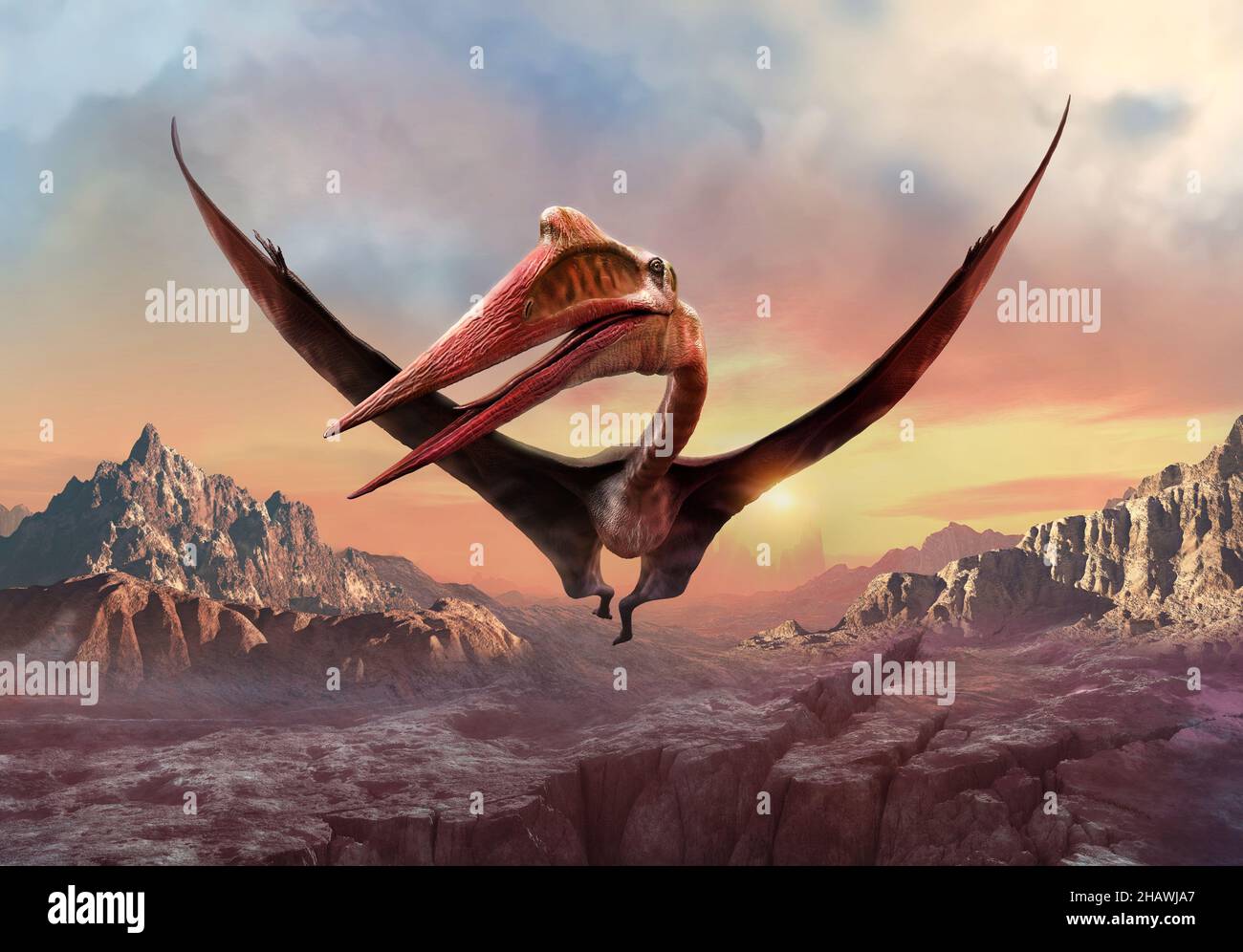 Quetzalcoatlus fliegt über Berge 3D Illustration Stockfoto