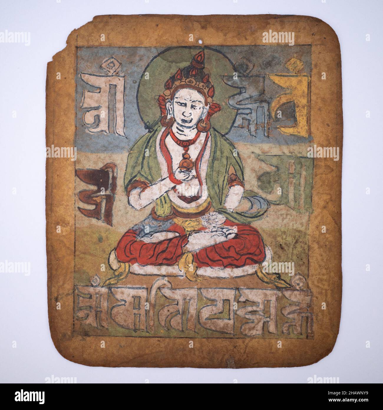 Antike tibetische oder mongolische buddhistische Tsakli-Initiationskarte mit Darstellung von Vajrasattva. 19th-20th Jahrhundert Stockfoto