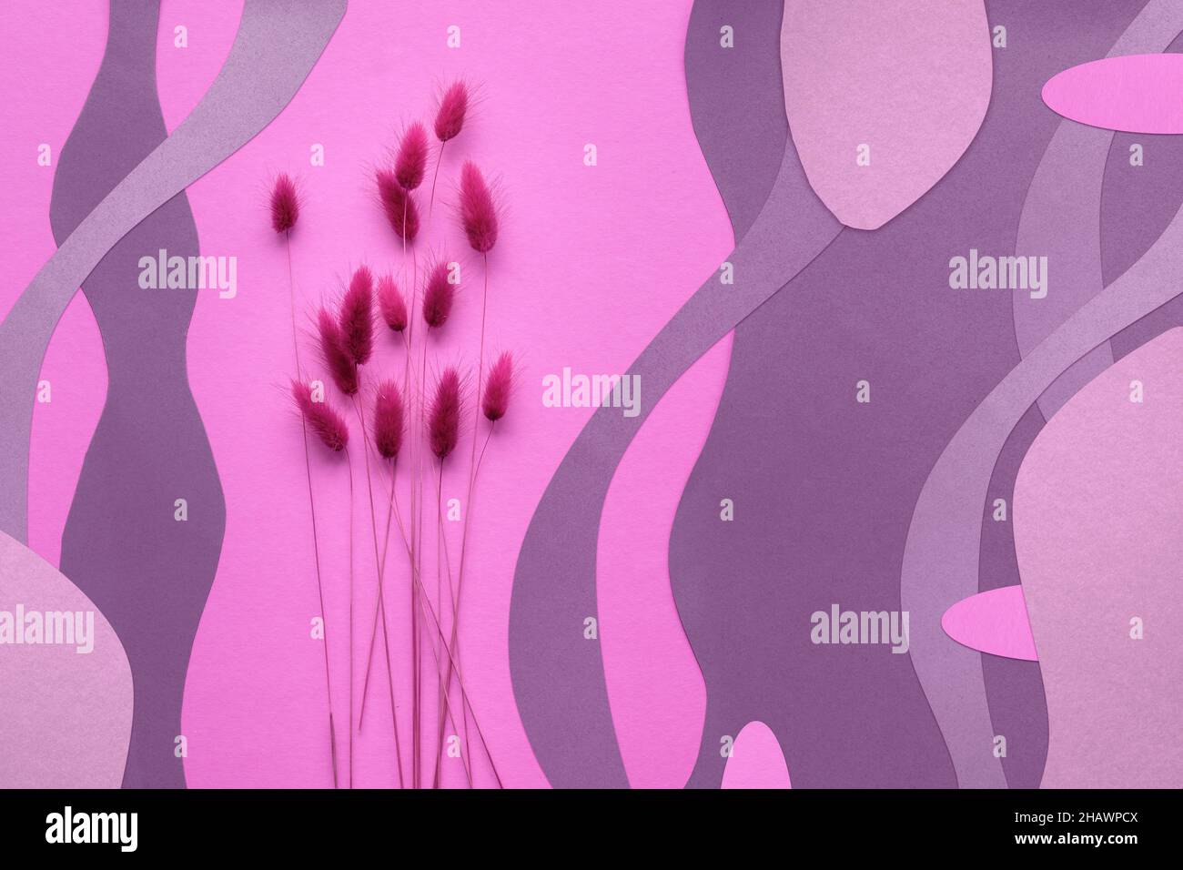 Monochrome rosa und magenta abstrakten Papier Hintergrund mit trockenen Hase Schwanz Gras und natürliche organische Papier Formen. Stockfoto