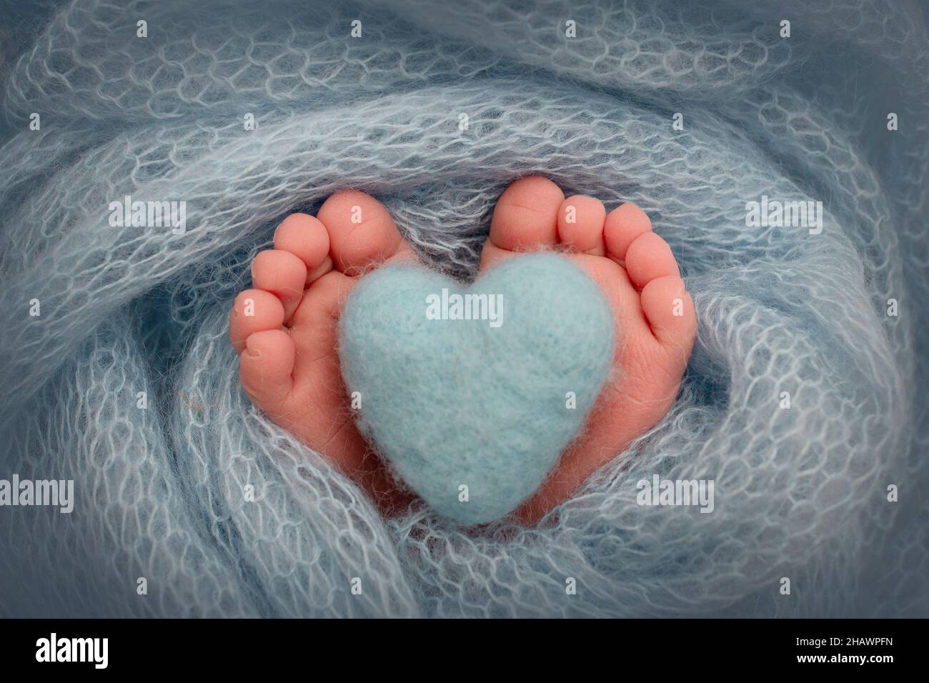 Die winzigen Füße eines Neugeborenen. Weiche Füße eines Neugeborenen in einer blauen Decke. Stockfoto