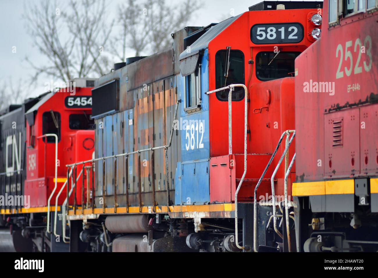 Bartlett, Illinois, USA. Fünf Lokomotiven der Canadian National Railway führen einen Güterzug durch die Vororte von Chicago. Stockfoto