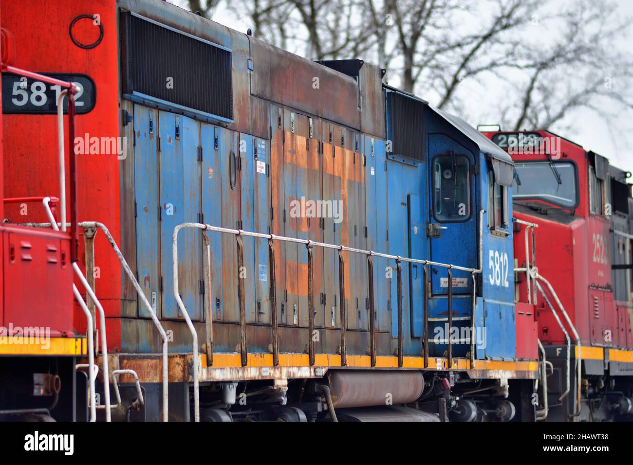 Bartlett, Illinois, USA. Fünf Lokomotiven der Canadian National Railway führen einen Güterzug durch die Vororte von Chicago. Stockfoto