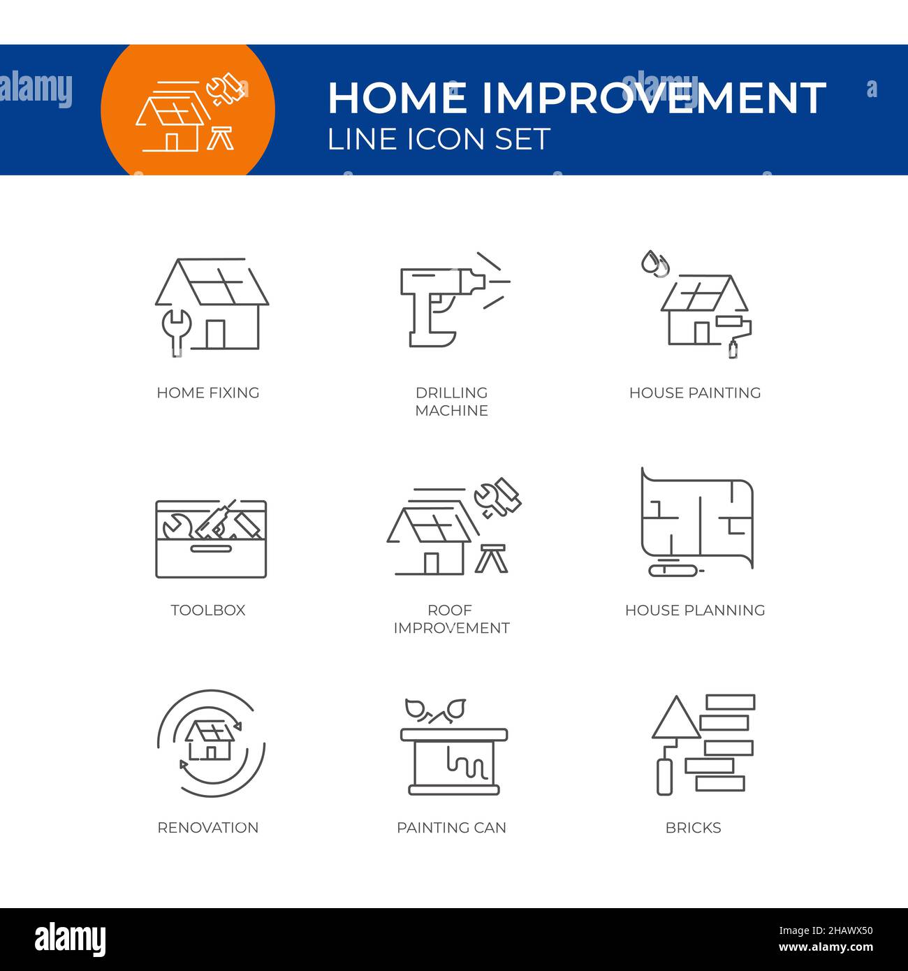 Home Improvement line icon set Vektor-Vorlage von Home Fixing, Home Painting, Bohren, Heimplanung und andere Stock Vektor