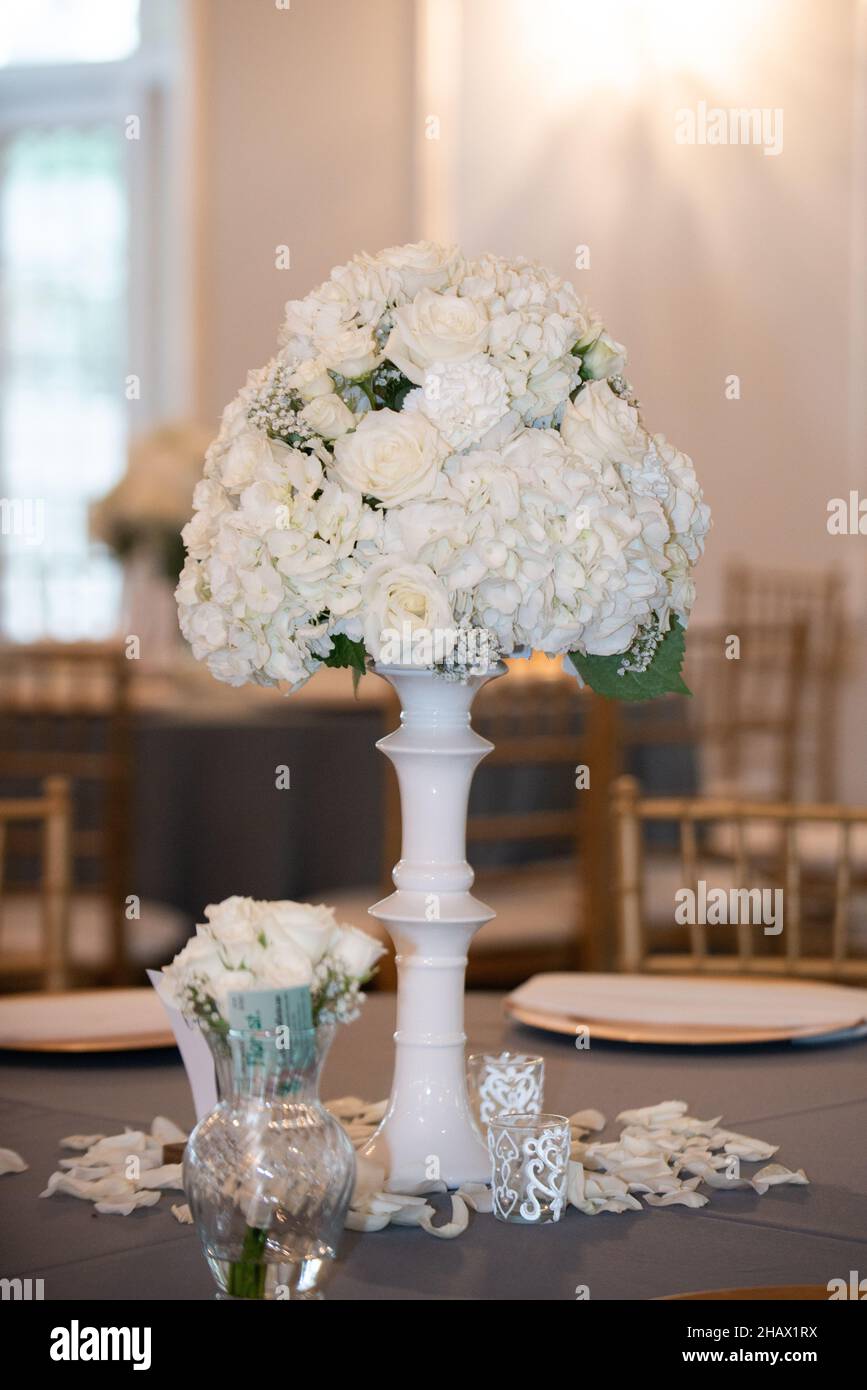 Weißes Hortensia-Bouquet im Mittelpunkt beim Hochzeitsempfang Stockfoto