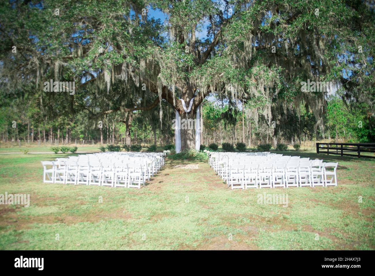 Weiße Hochzeitszeremonie Stühle in Zeremonie Insel Stockfoto