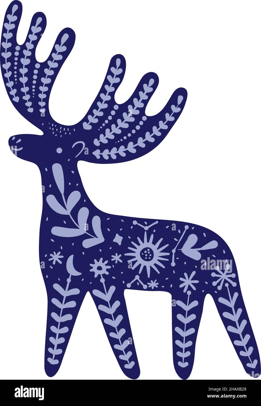 Magischer Hirsch. Blaue Tiersilhouette mit mystischem Blumenmotiv Stock Vektor