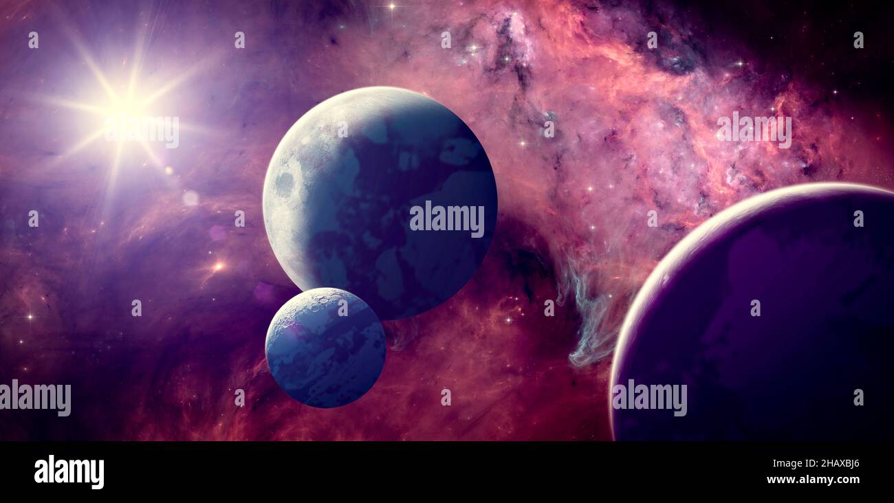 Planeten und Exoplaneten von unerforschten Galaxien. Sci-Fi. Neue Welten zu entdecken. Besiedlung und Erforschung von Nebel und Galaxien Stockfoto