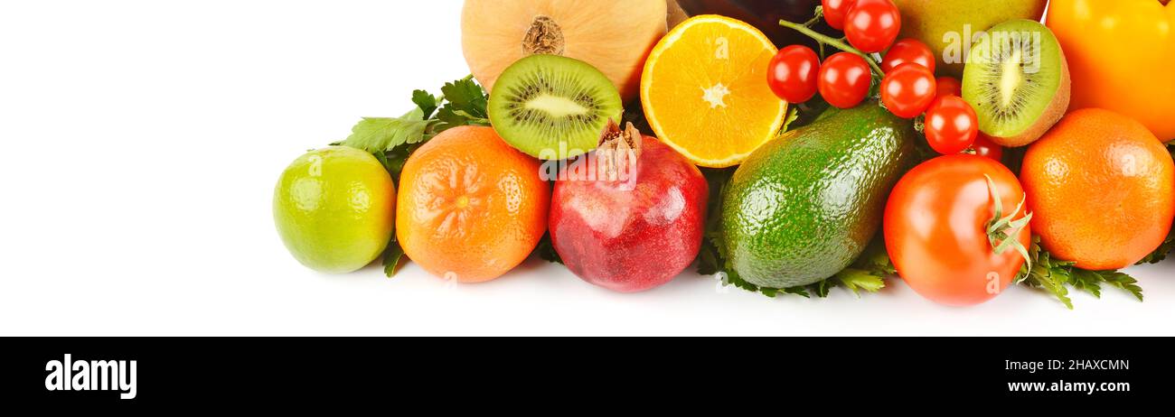 Gemüse und Obst isoliert auf weißem Hintergrund. Freier Speicherplatz für Text. Breites Foto Stockfoto