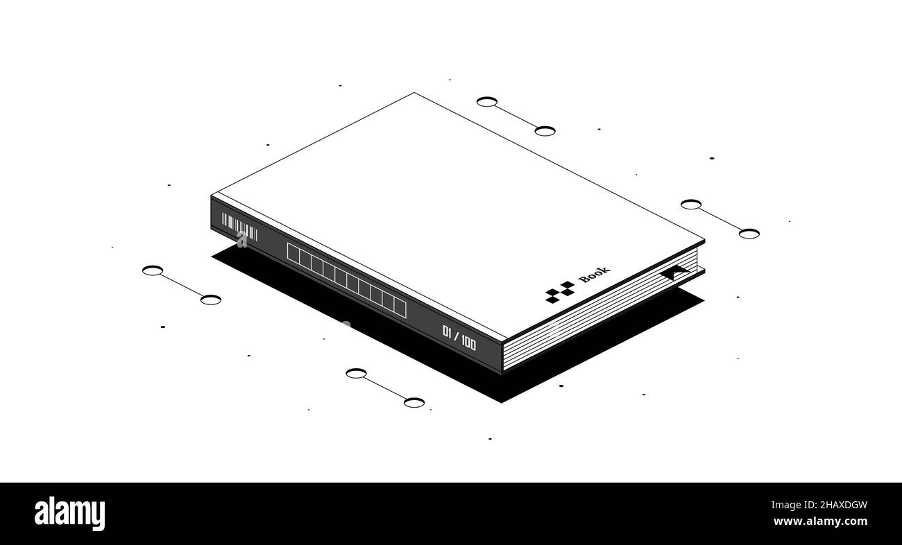 Modell des Buches. Geschlossenes vertikales Buch. Isometrische schwarz-Weiß-abbildung 3D isoliert auf weißem Hintergrund. Stockfoto