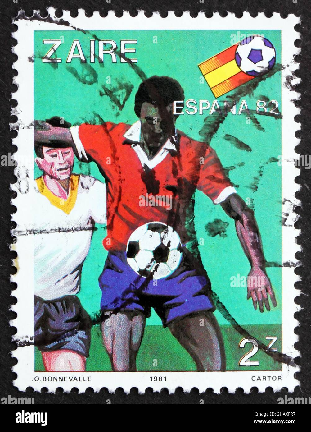 ZAIRE - UM 1981: Eine im Zaire gedruckte Marke zeigt die Fußballszene, ESPANA '82 World Cup Soccer Championship, um 1981 Stockfoto