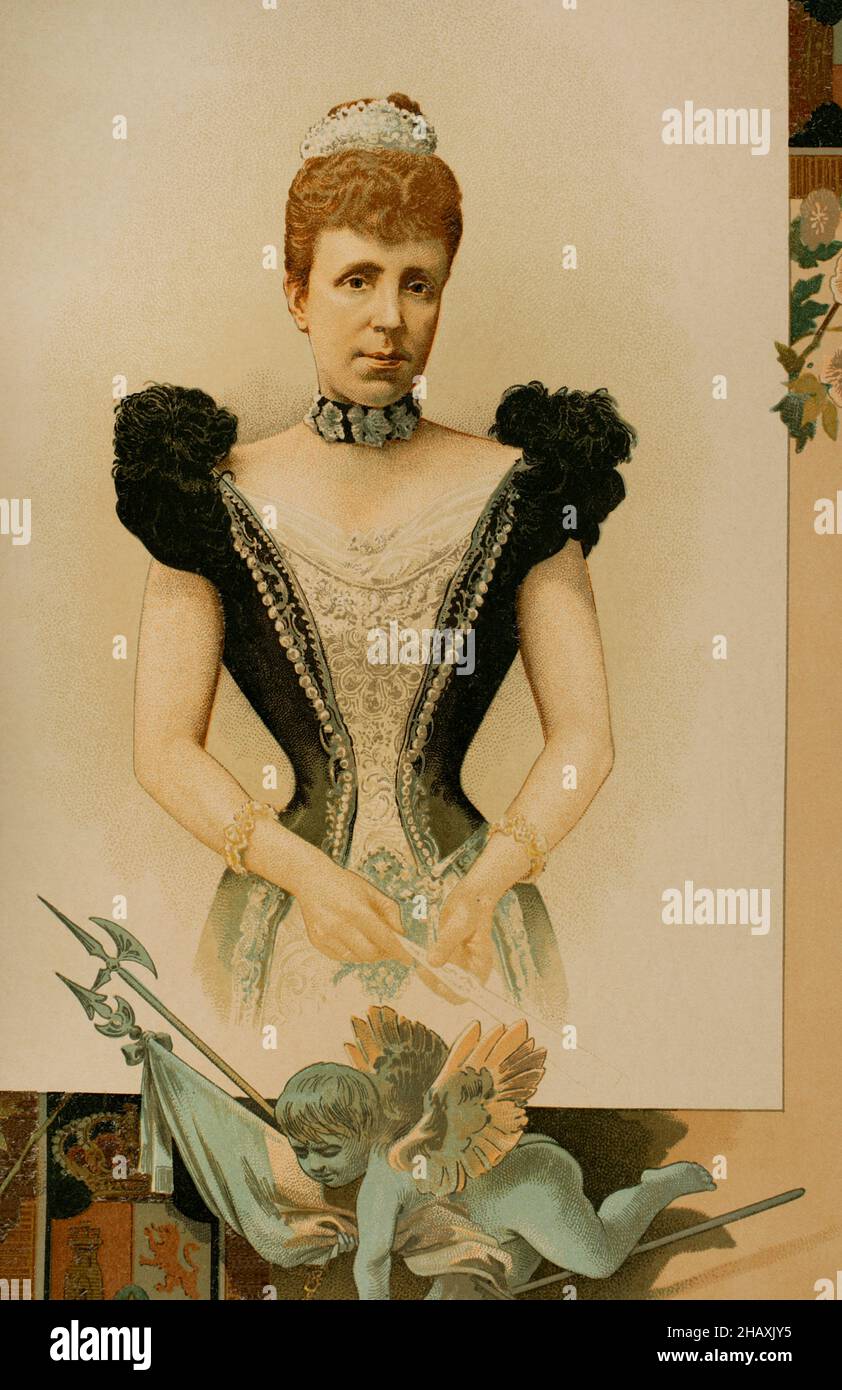 María Cristina de Habsburgo-Lorena (1858-1929). Königin von Spanien durch ihre Heirat mit Alfonso XII (1879-1885). Regentin zwischen 1885 und 1902, während der Minderheit ihres Sohnes Alfonso XIII. Hochformat. Chromolithographie. 'Historia General de España' (Allgemeine Geschichte Spaniens) von Miguel Morayta. Volumen IX. Madrid, 1896. Stockfoto