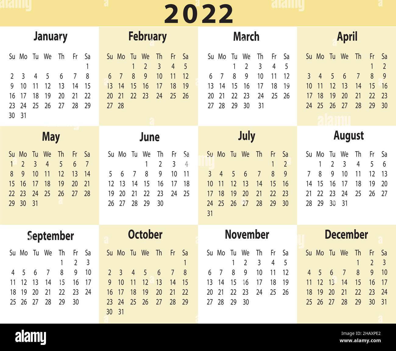 2022-Jahreskalender Eine Seite Horizontal Stock Vektor