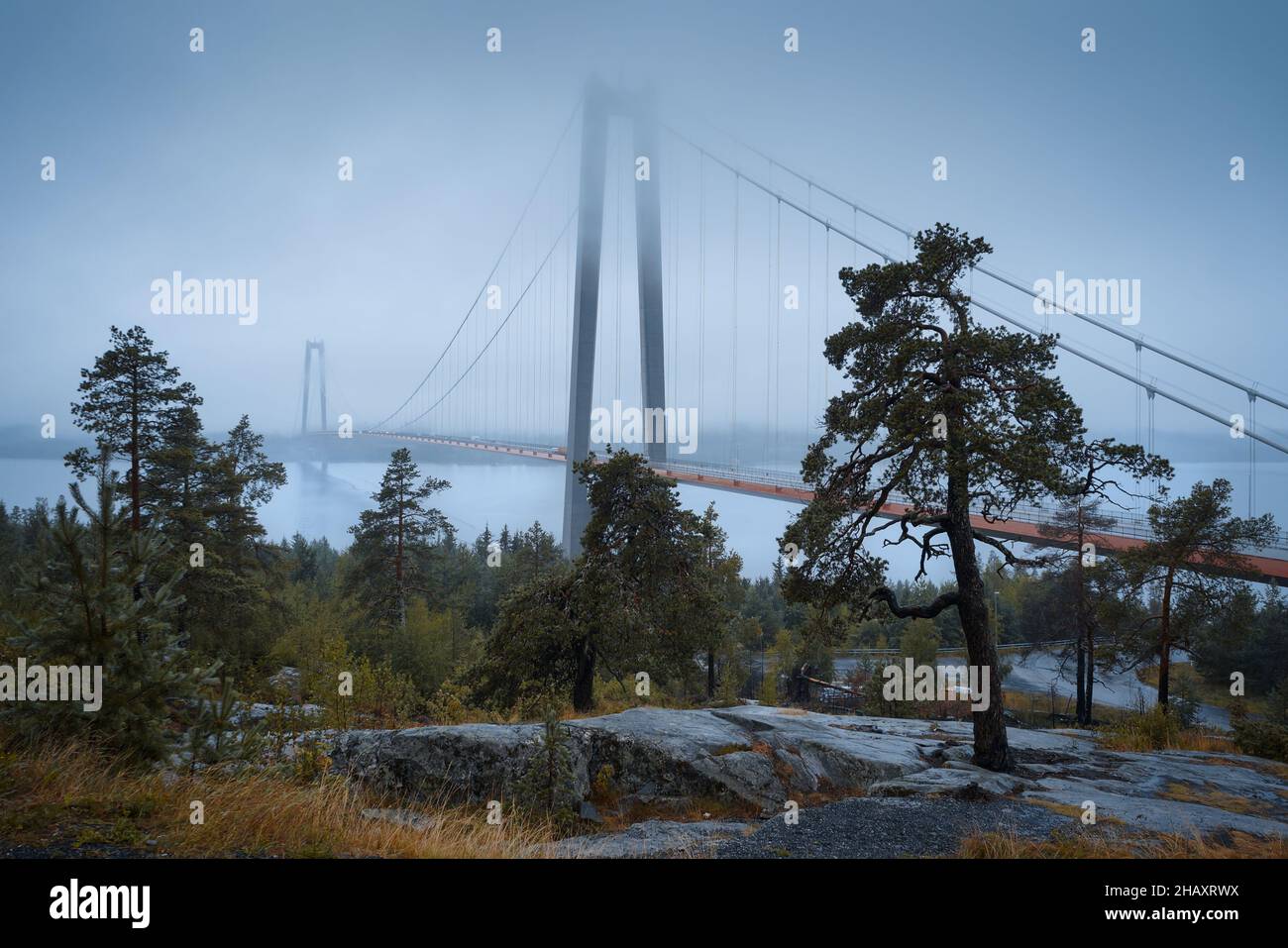 Nebel bildete sich über der Hochküstenbrücke (Veda-Brücke) mit Bäumen und Felsen im Vordergrund, Höga Kustenleden, Hornöberget Schweden Stockfoto