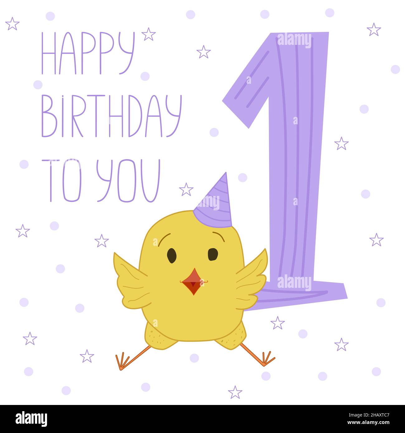 Alles Gute zum Geburtstag. Grußkarte für 1 Jahre. Niedliche Vektorflache Illustration eines