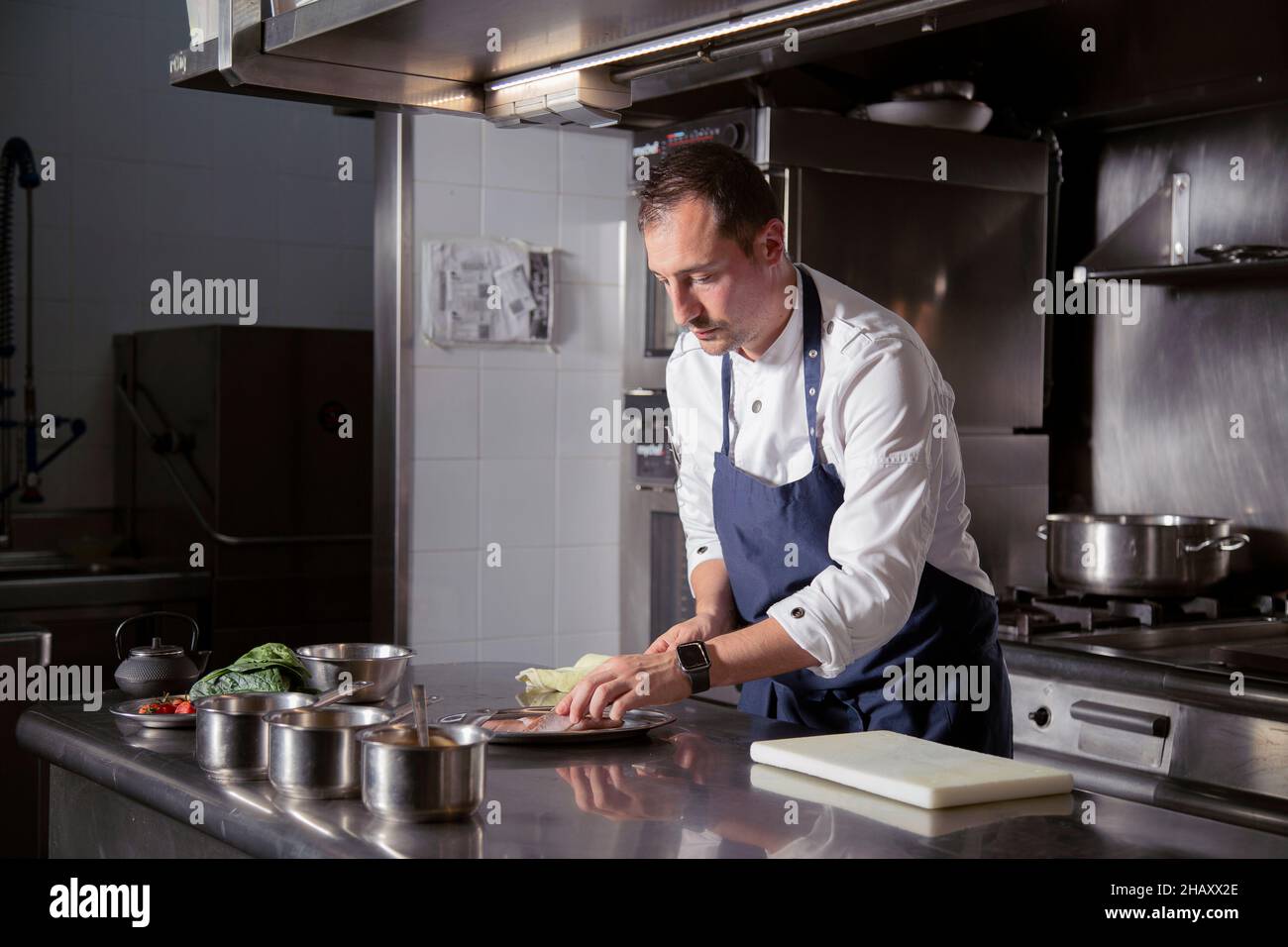 Fokussierter männlicher Koch, der mit einer Reihe von Stahlkochküchen am Tisch steht und in der Küche Zutaten auf dem Teller serviert Stockfoto