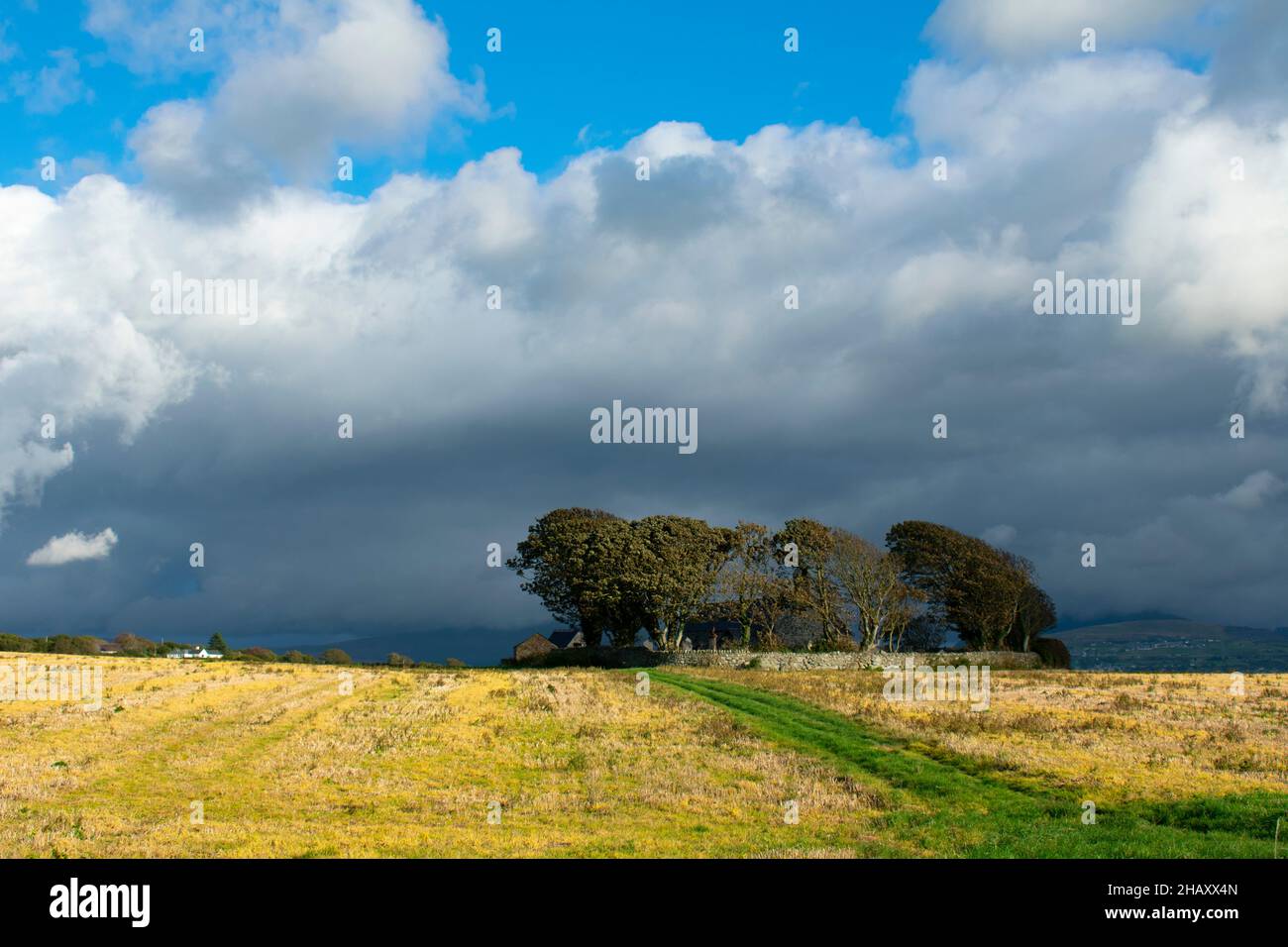 Dramatische stürmische Landschaft Caernarfon, Wales wunderschöne ländliche Szene an einem Herbsttag Landschaftsansicht mit Kopierraum Stockfoto