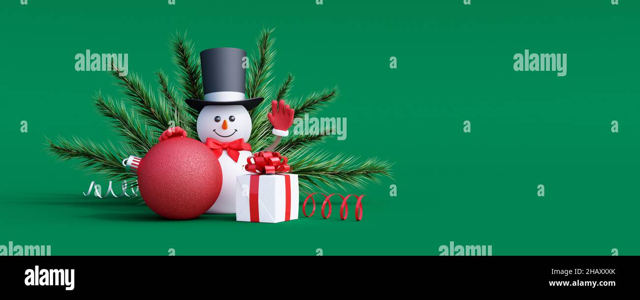 Schneemann niedlichen 3D Charakter mit Weihnachtsdekoration auf grünem Hintergrund. Frohe Weihnachten und ein glückliches neues Jahr Konzept 3D Rendering 3D Illustration Stockfoto