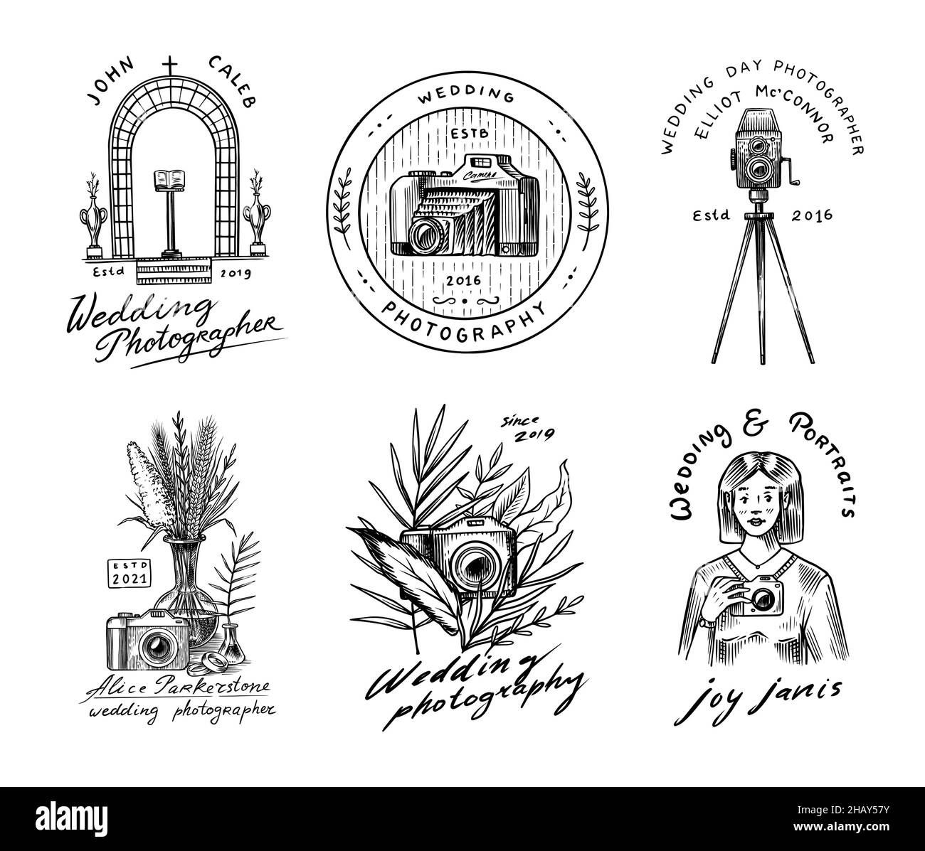 Abzeichen und Logos von Hochzeitsfotografen. Fotokamera für den Urlaub. Fotografie-Community. Vorlagen für Retro Studio, Vintage Store oder Stock Vektor