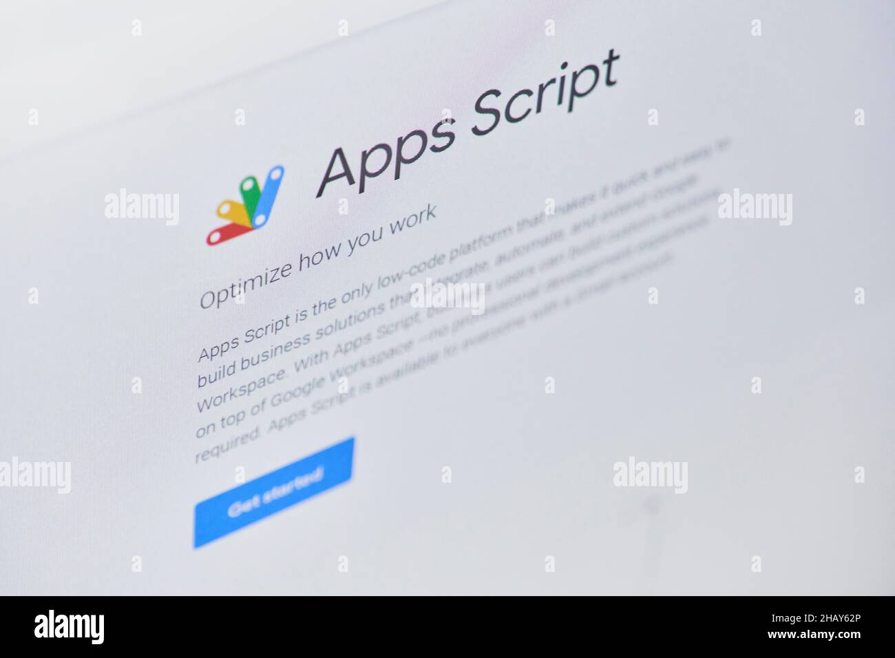 California, Vereinigte Staaten - 25 November 2021: Google Apps Script Webseite auf Computermonitor. Apps Script - Scripting-Plattform für geringes Gewicht Stockfoto