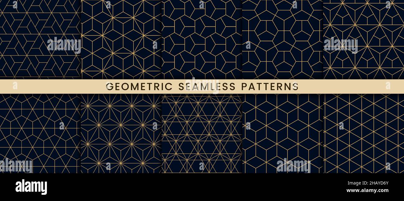 Satz von geometrischen nahtlosen Muster polygonalen Form. Luxus mit goldenen Linien auf dunkelblauem Hintergrund Stock Vektor