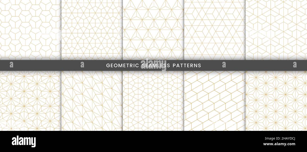 Satz von polygonaler Form mit geometrischem Muster. Nahtloser Hintergrund mit goldenen Linien modern stilvoll Stock Vektor