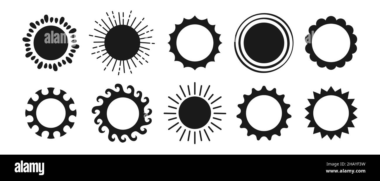 Schwarzer Stempelsatz mit Sonnenstempel. Sommer Symbol Silhouette Sonnen Glanz Kollektion. Sonnenstrahlen mit Sonnenstrahlen. Isolierter abstrakter, sonniger, einfacher Comic-Clipart. Vektordarstellung weißer Hintergrund Stock Vektor