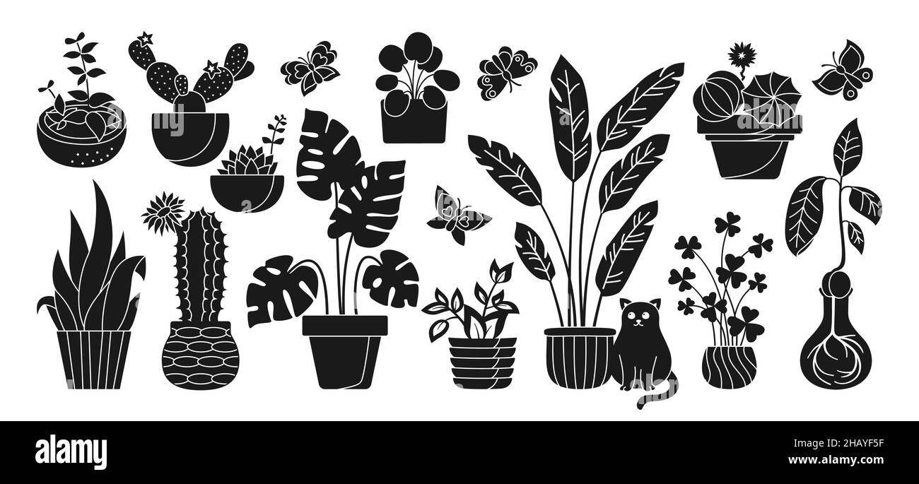 Hauspflanze im Topf, dekoratives Stempelset. Schwarze Silhouette Zimmerpflanzen Schablone Fleck Blumentopf. Botanische Zimmerpflanzen, Blumen, Kakteen, Monstera, Aloe, Keramik. Isolierte Vektordarstellung Stock Vektor