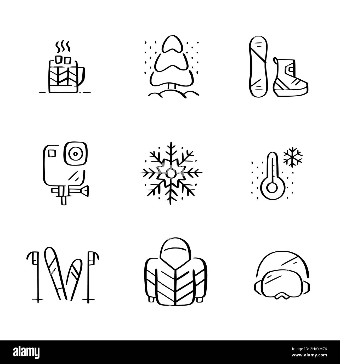 Winterurlaub in den Bergen. Skifahren und Snowboarden, kalte Temperaturen und warme Kleidung. Symbole im Doodle-Stil Stock Vektor